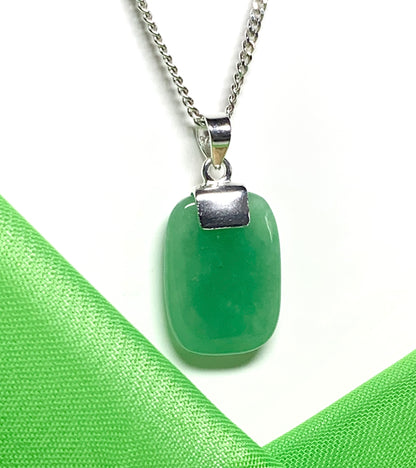 Jade necklace real green cushion shaped stone silver pendant