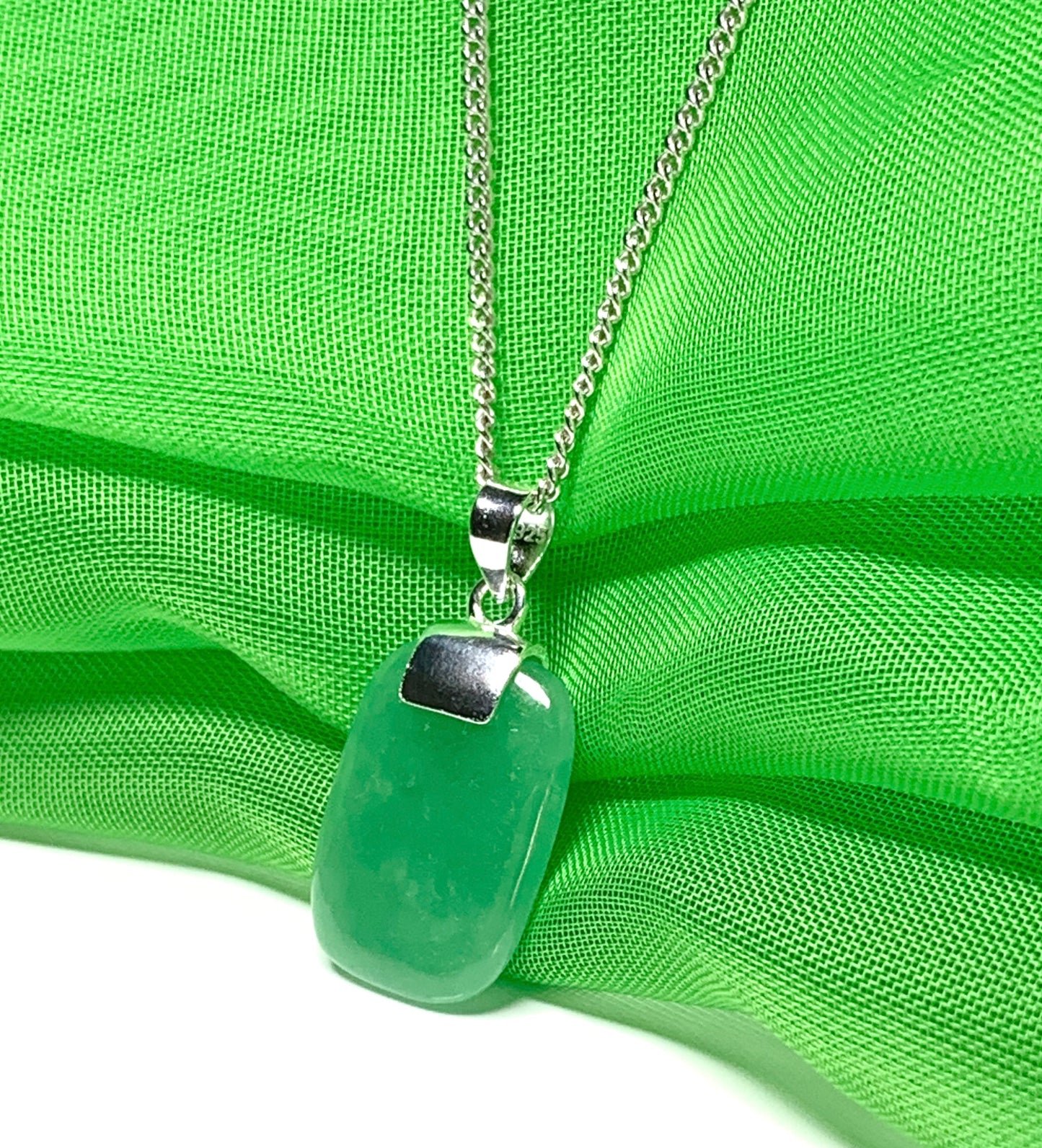 Jade necklace real green cushion shaped stone silver pendant