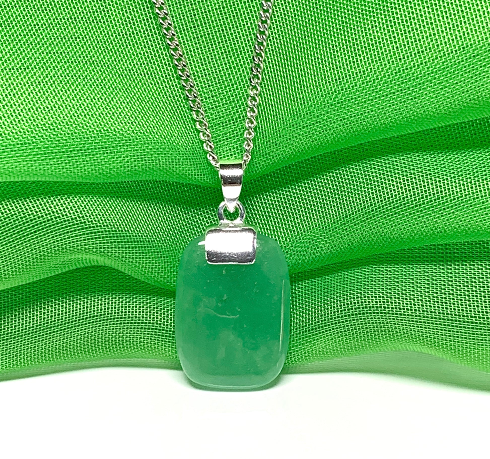 Jade necklace real green cushion shaped stone silver pendant