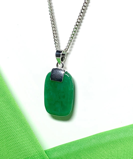 Jade necklace real green cushion shaped stone sterling silver including chain