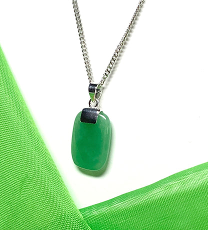 Jade necklace real green cushion shaped stone silver pendant