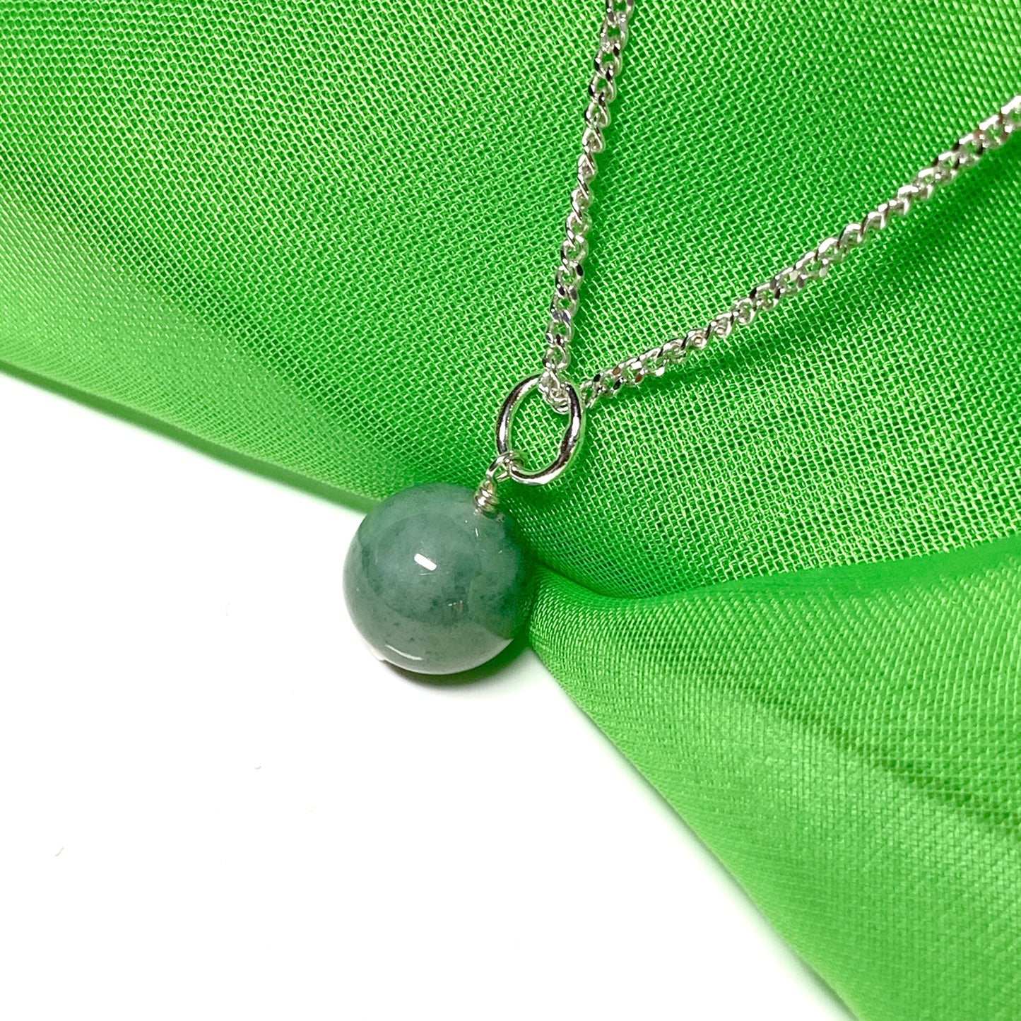 Jade silver necklace round ball shaped green pendant