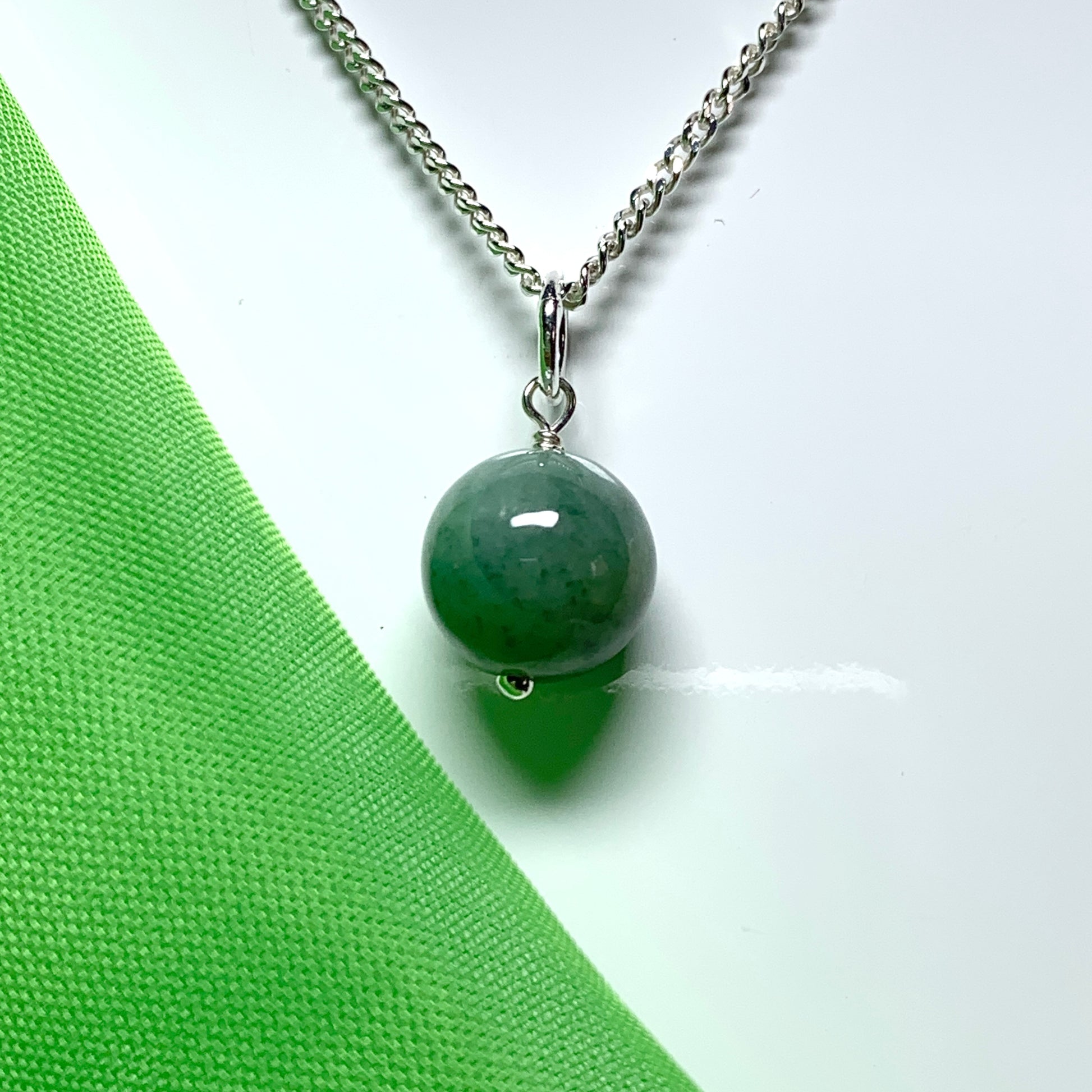 Jade silver necklace round ball shaped green pendant