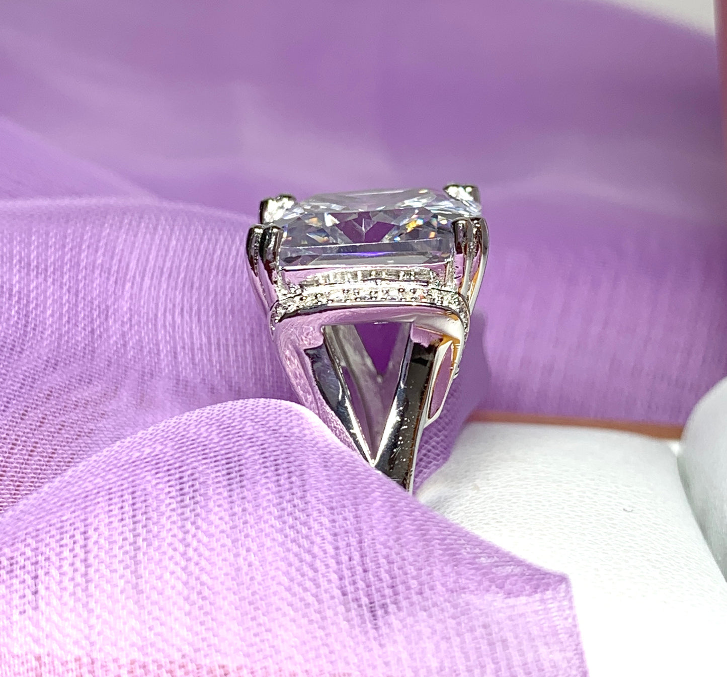 Ladies White Cubic Zirconia Square Sterling Silver Large Cocktail Ring