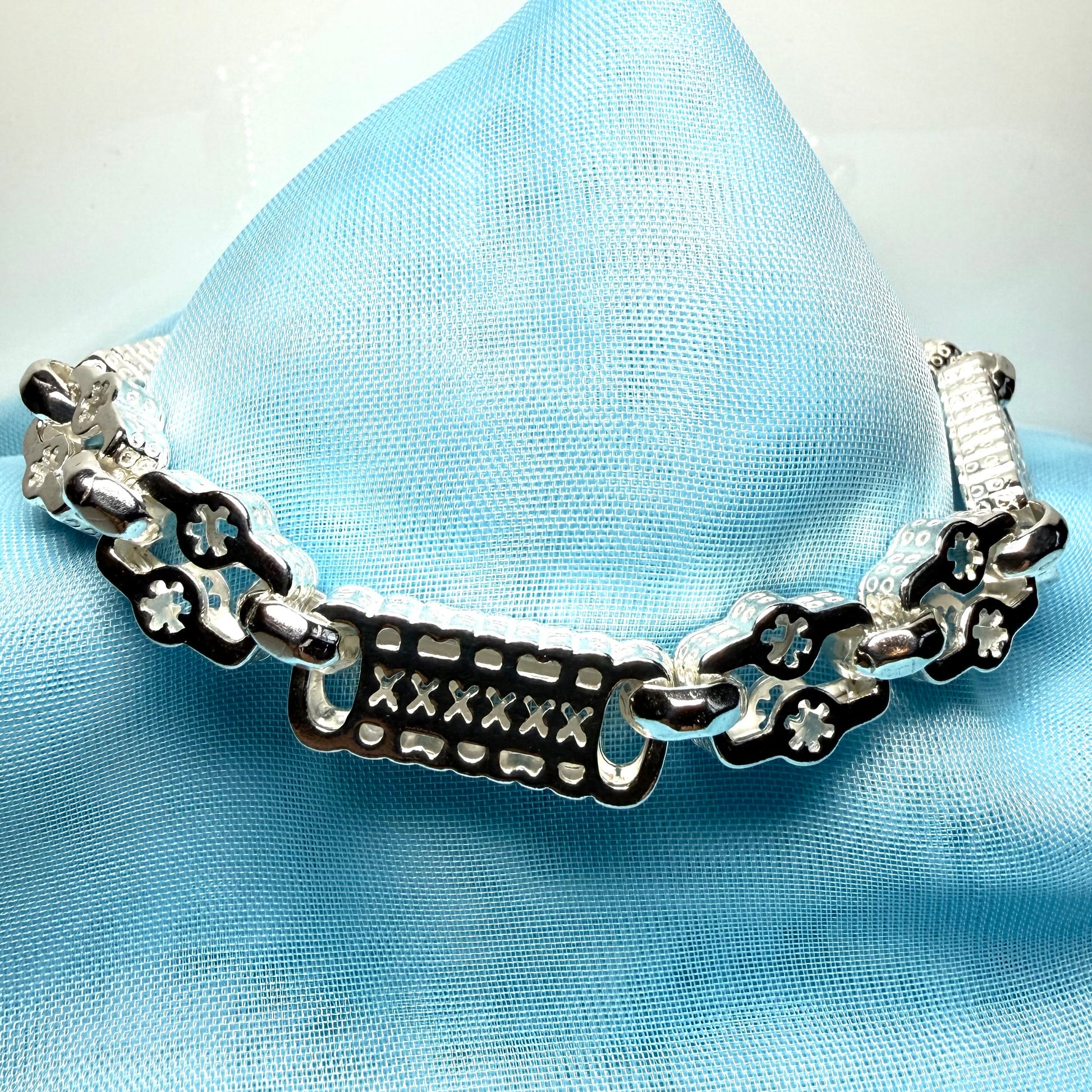 Ladies bracelet  heavy sterling silver patterned fancy large link