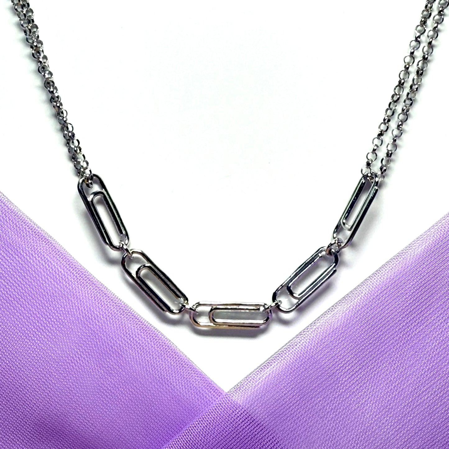 Ladies solid sterling silver fancy paper clip chain necklace
