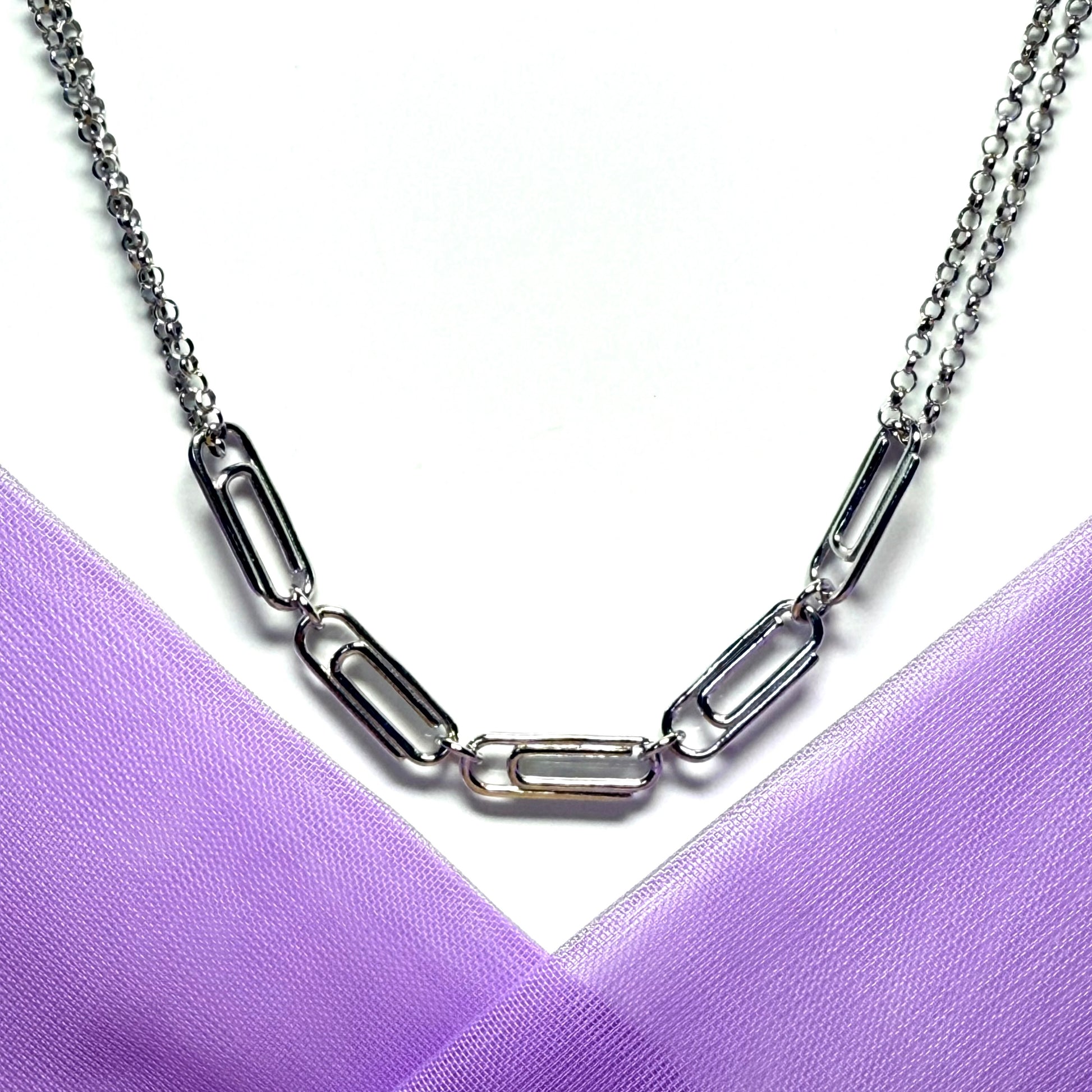 Ladies solid sterling silver fancy paper clip chain necklace