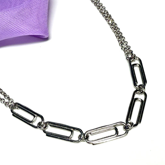 Ladies solid sterling silver fancy paper clip chain necklace