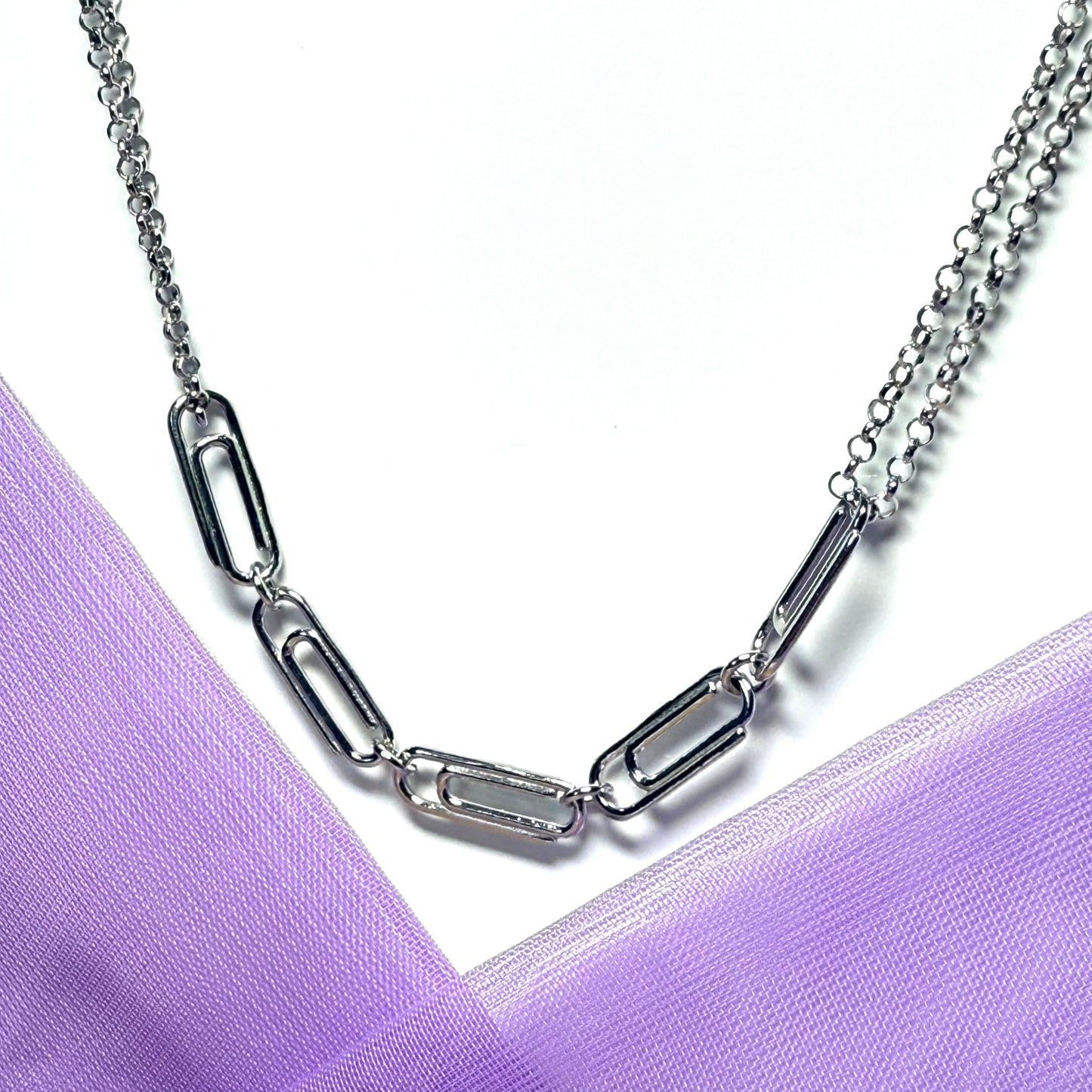 Ladies solid sterling silver fancy paper clip chain necklace