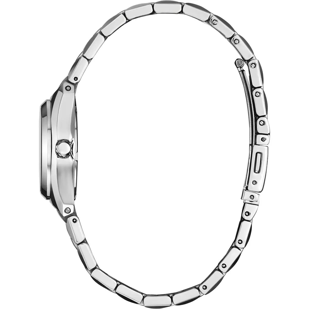 Ladies stainless steel Eco Drive bracelet watch side view