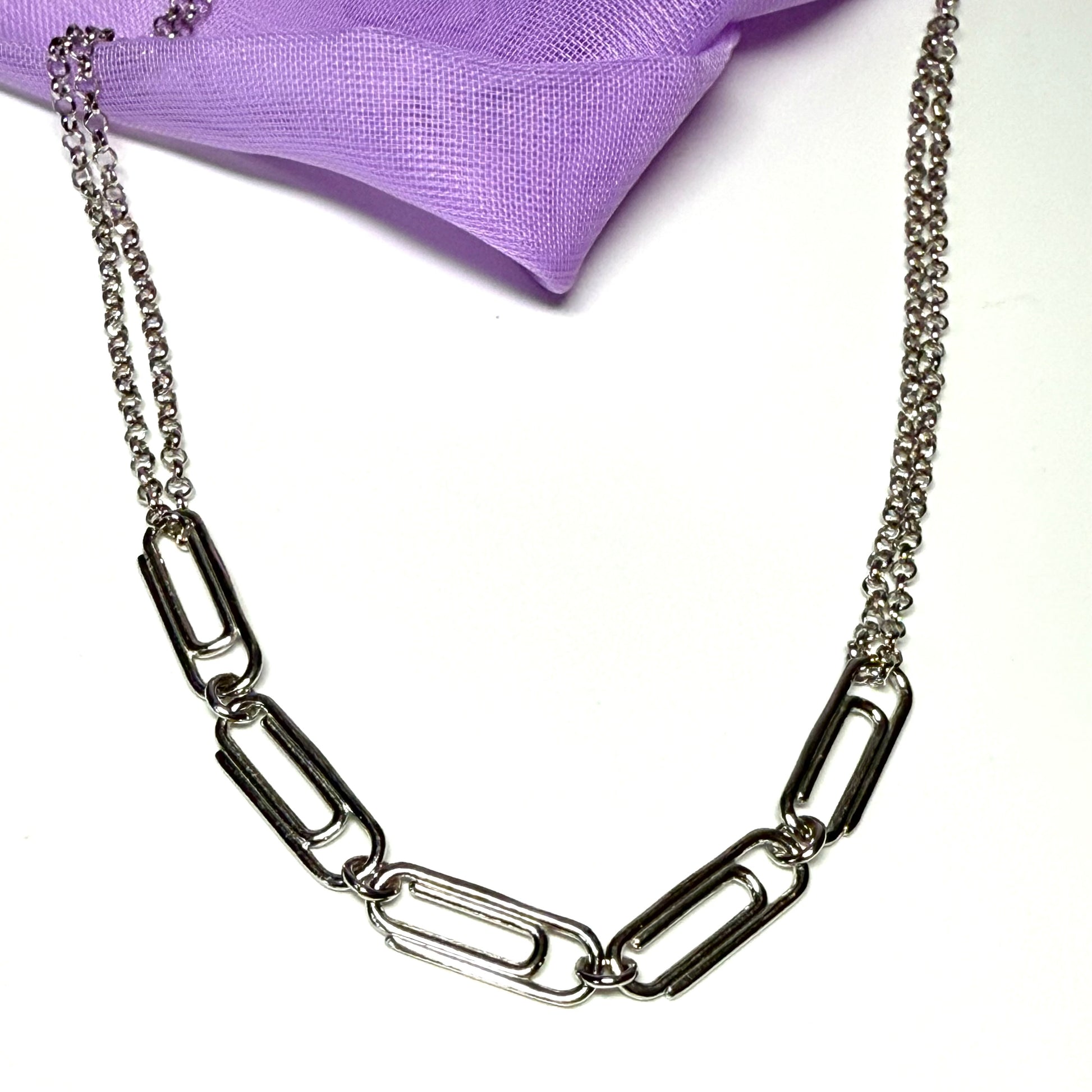Ladies solid sterling silver fancy paper clip chain necklace