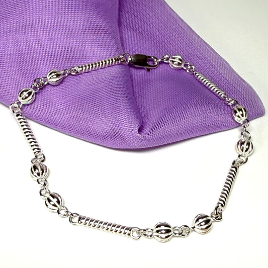 Ladies sterling silver long patterned bobble bracelet solid link