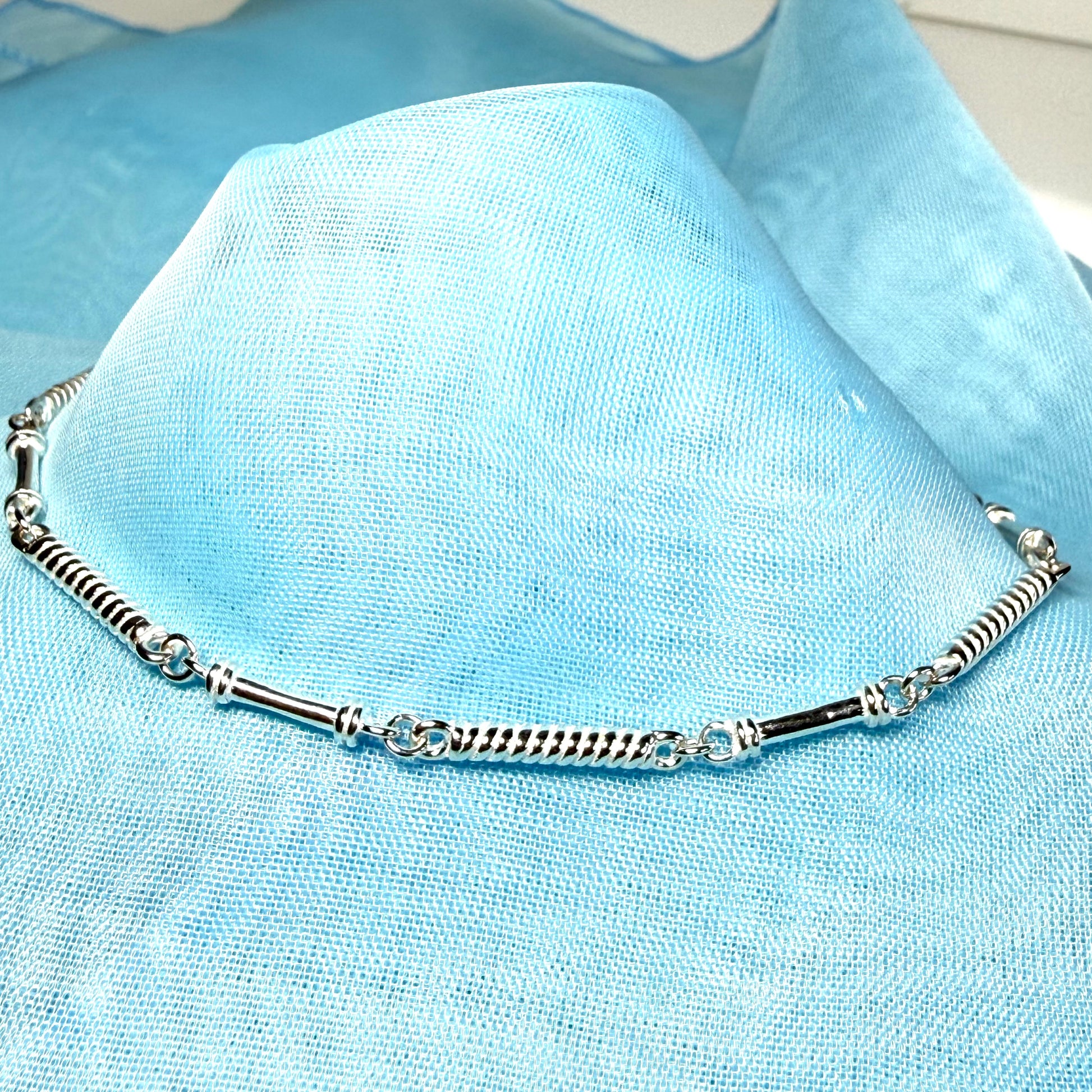 Ladies sterling silver long patterned twisted bracelet or ankle chain solid link