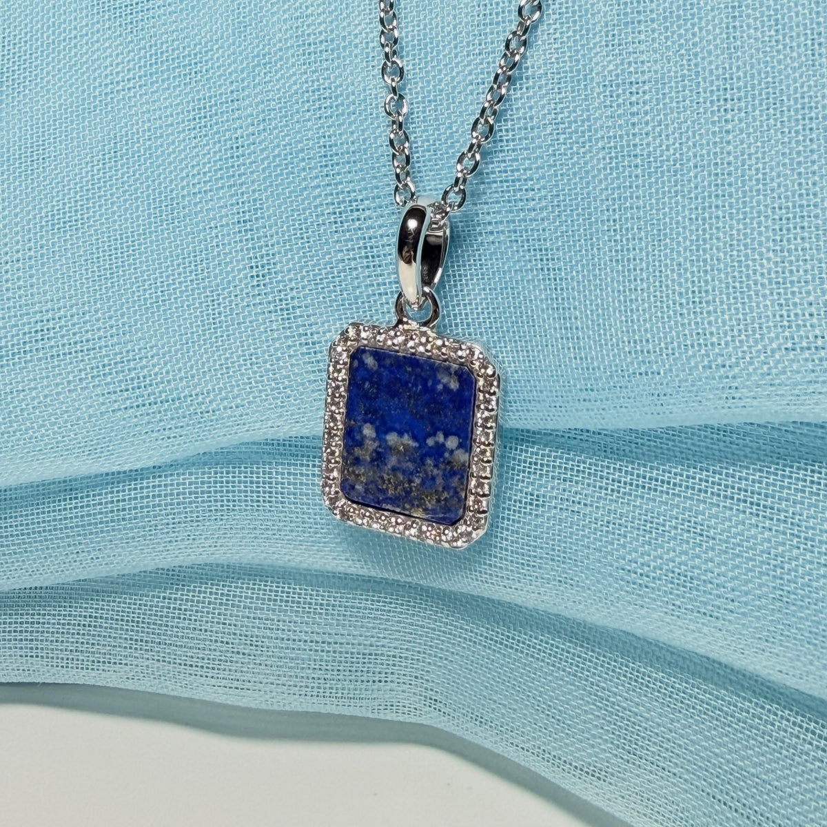 Lapis lazuli and cubic zirconia blue green square necklace sterling silver with chain