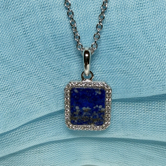 Lapis lazuli and cubic zirconia blue green square necklace sterling silver with chain