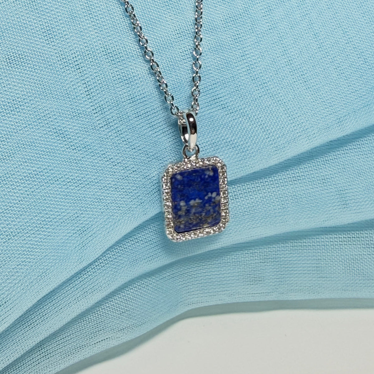 Lapis lazuli and cubic zirconia blue green square necklace sterling silver with chain