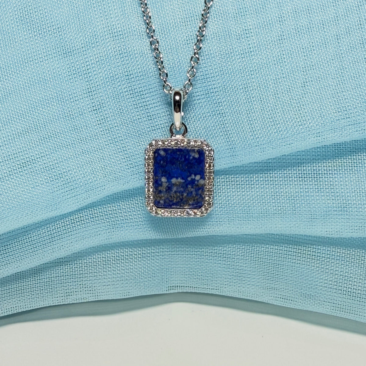Lapis lazuli and cubic zirconia blue green square necklace sterling silver with chain