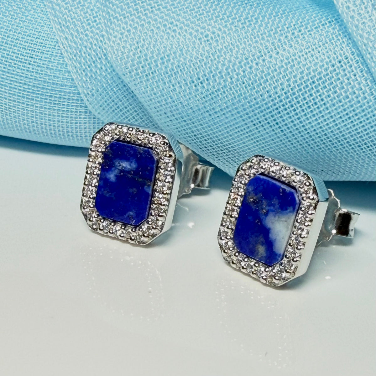 Lapis lazuli and cubic zirconia blue green square stud earrings sterling silver