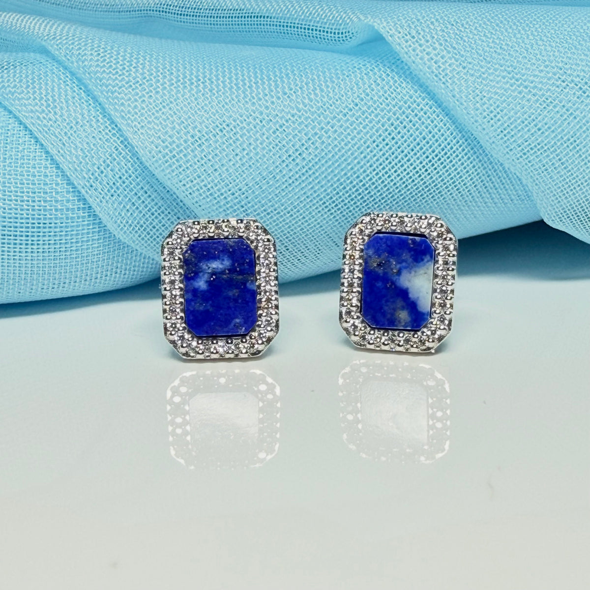 Lapis lazuli and cubic zirconia blue green square stud earrings sterling silver