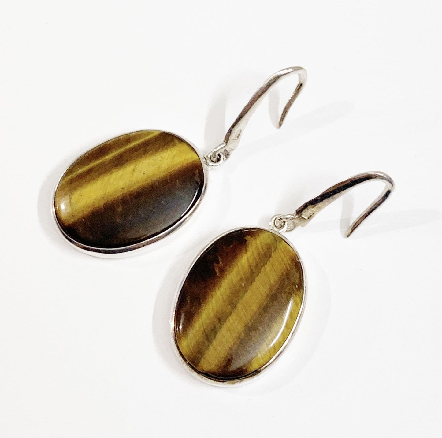 Large brown tigers eye oval sterling silver drop earrings