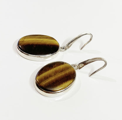 Large brown tigers eye oval sterling silver drop earrings