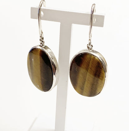 Large brown tigers eye oval sterling silver drop earrings