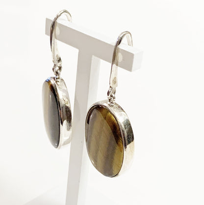 Large brown tigers eye oval sterling silver drop earrings