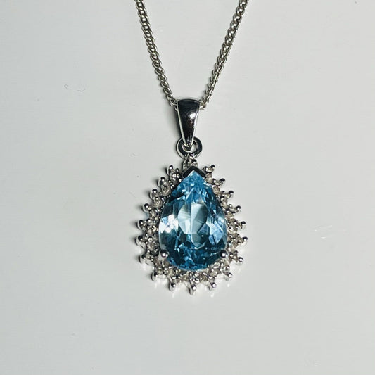 Large Pear Shaped Blue Topaz And Diamond Sterling Silver Cluster Necklace Pendant