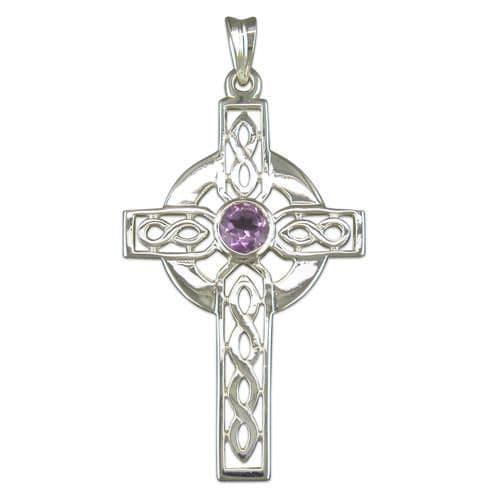 Large Sterling Silver Amethyst Celtic Cross Including Chain