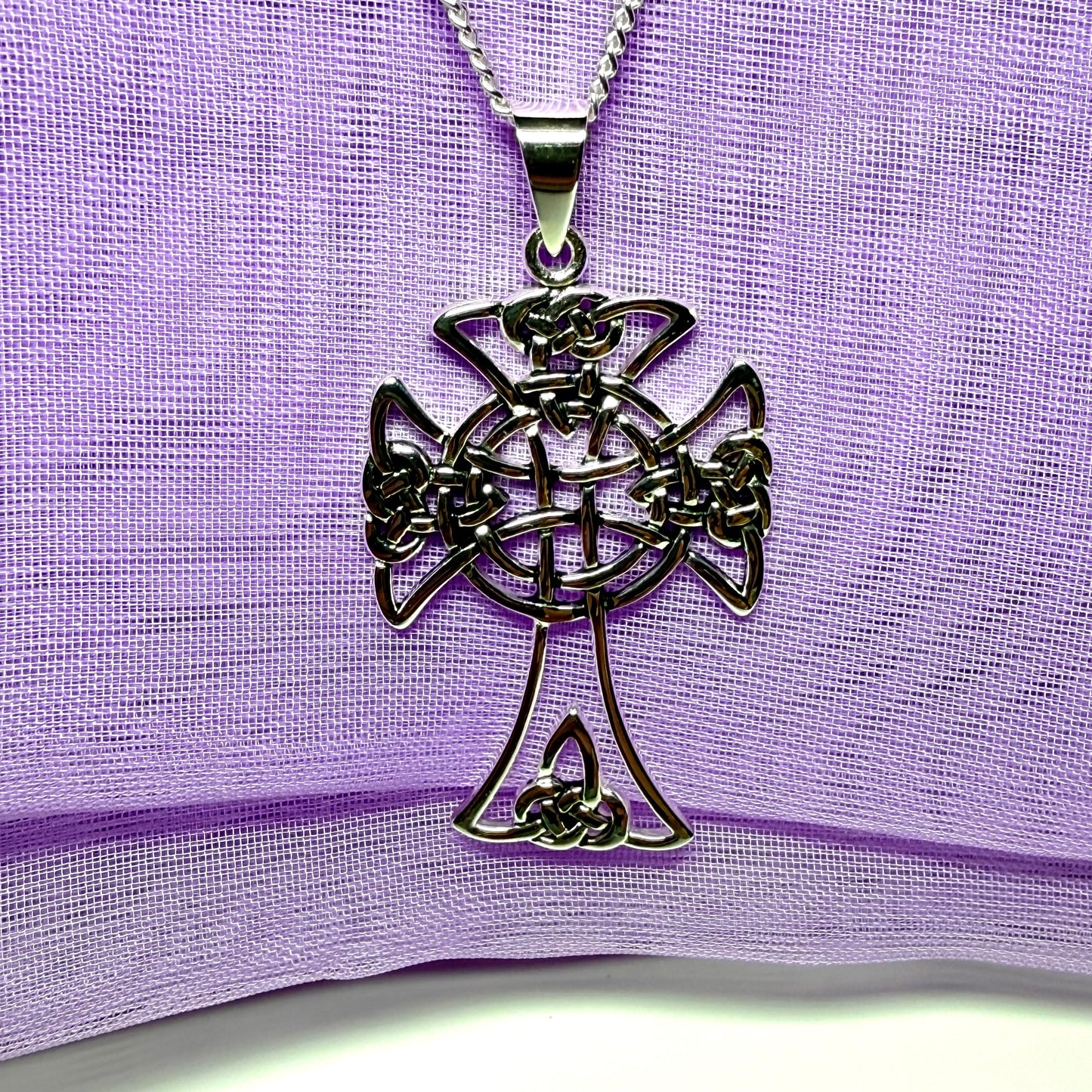 Large Fancy Patterned Sterling Silver Celtic Cross Including Chain