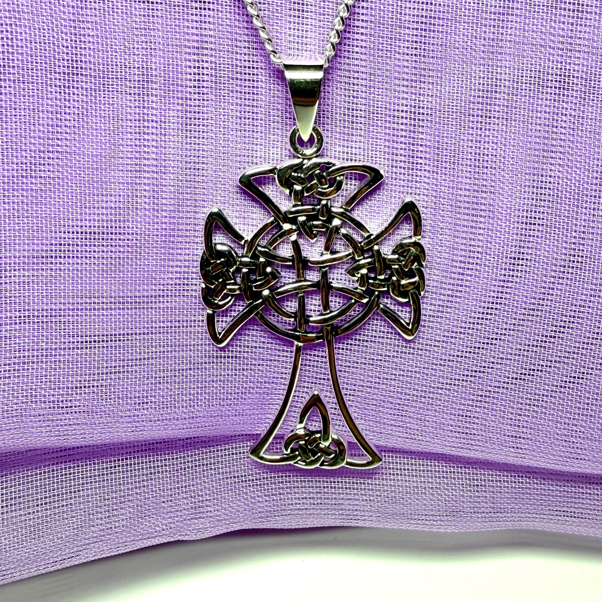 Large Fancy Patterned Sterling Silver Celtic Cross Including Chain