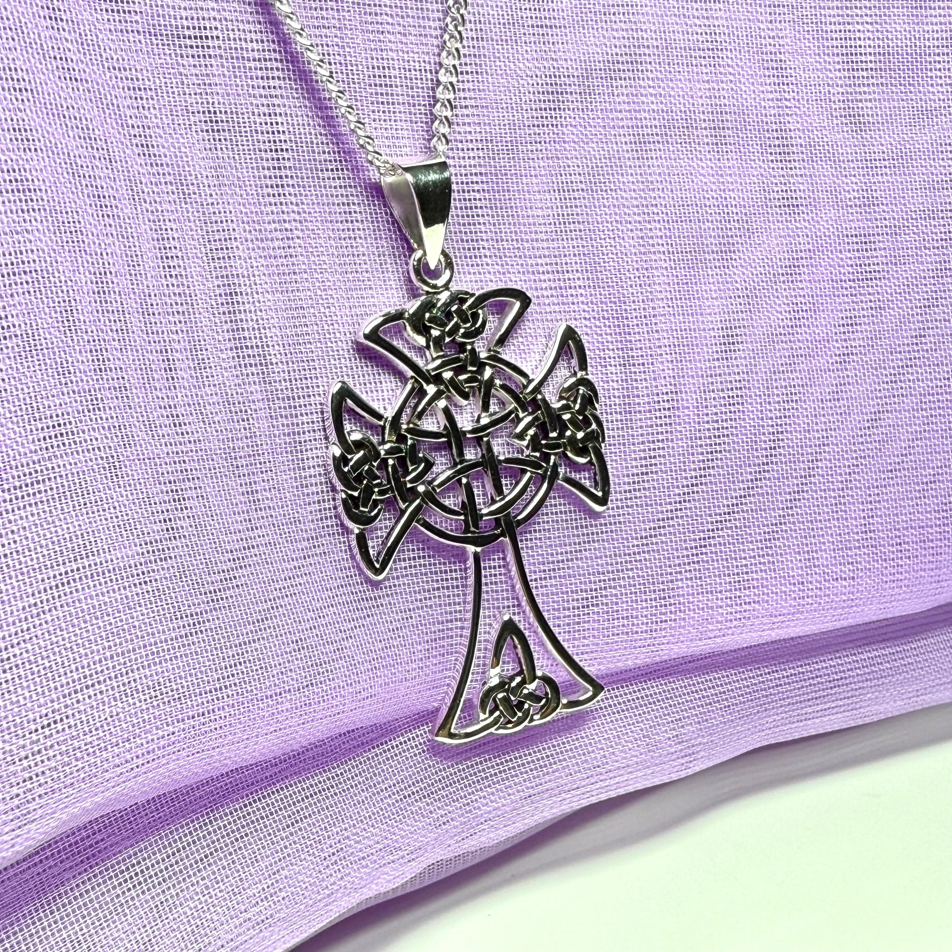 Large Fancy Patterned Sterling Silver Celtic Cross Including Chain