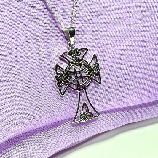 Large Fancy Patterned Sterling Silver Celtic Cross Including Chain