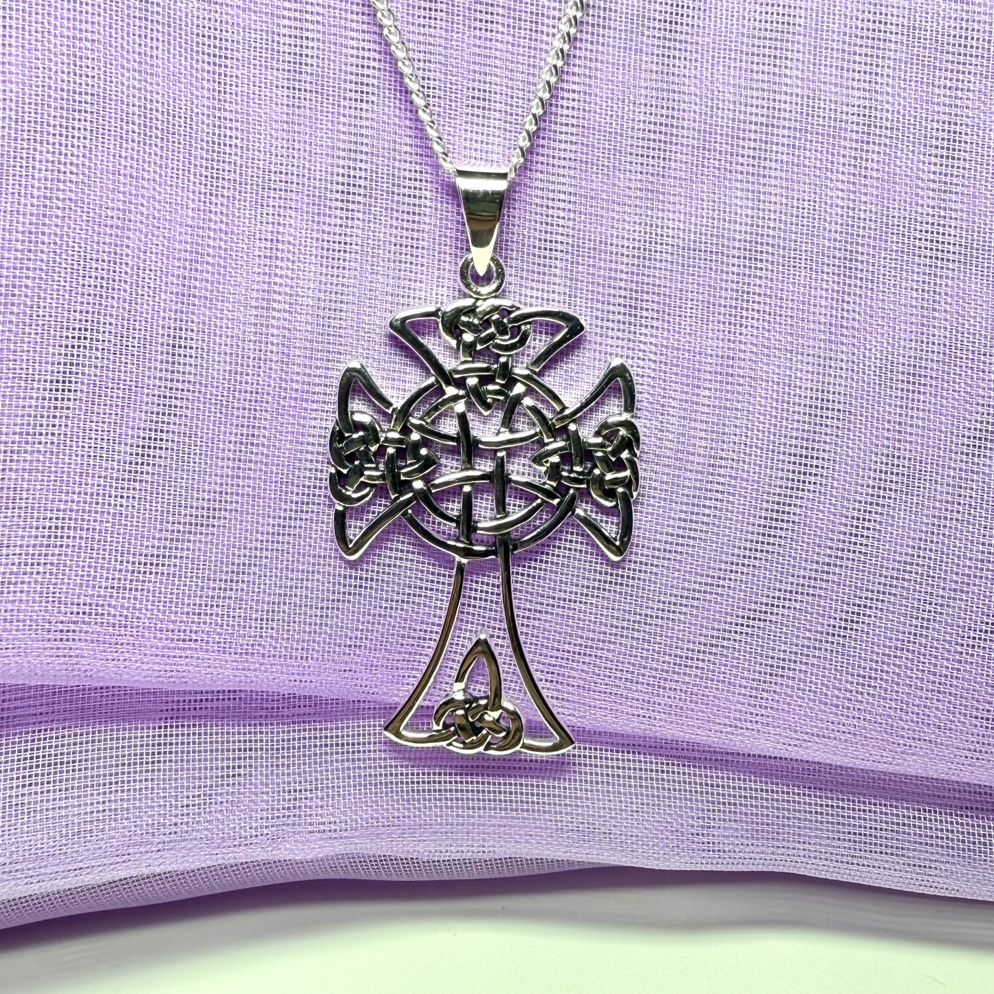 Large Fancy Patterned Sterling Silver Celtic Cross Including Chain