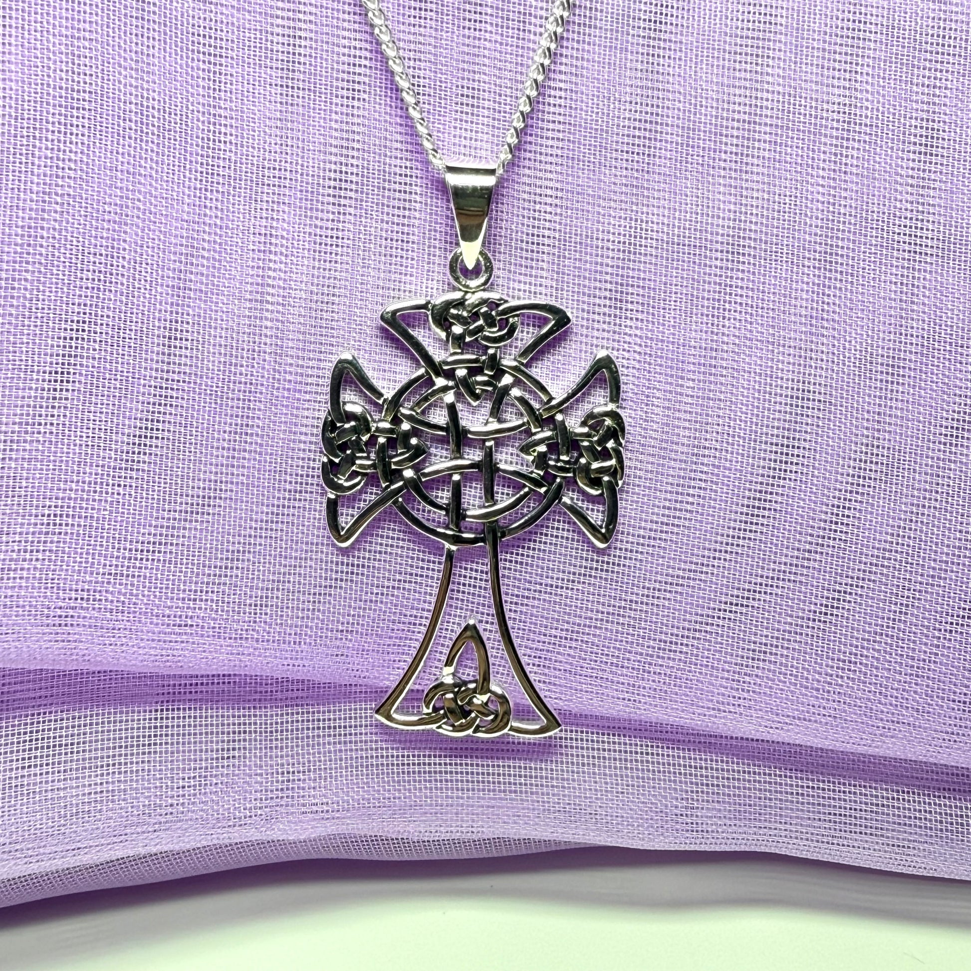 Large Fancy Patterned Sterling Silver Celtic Cross Including Chain