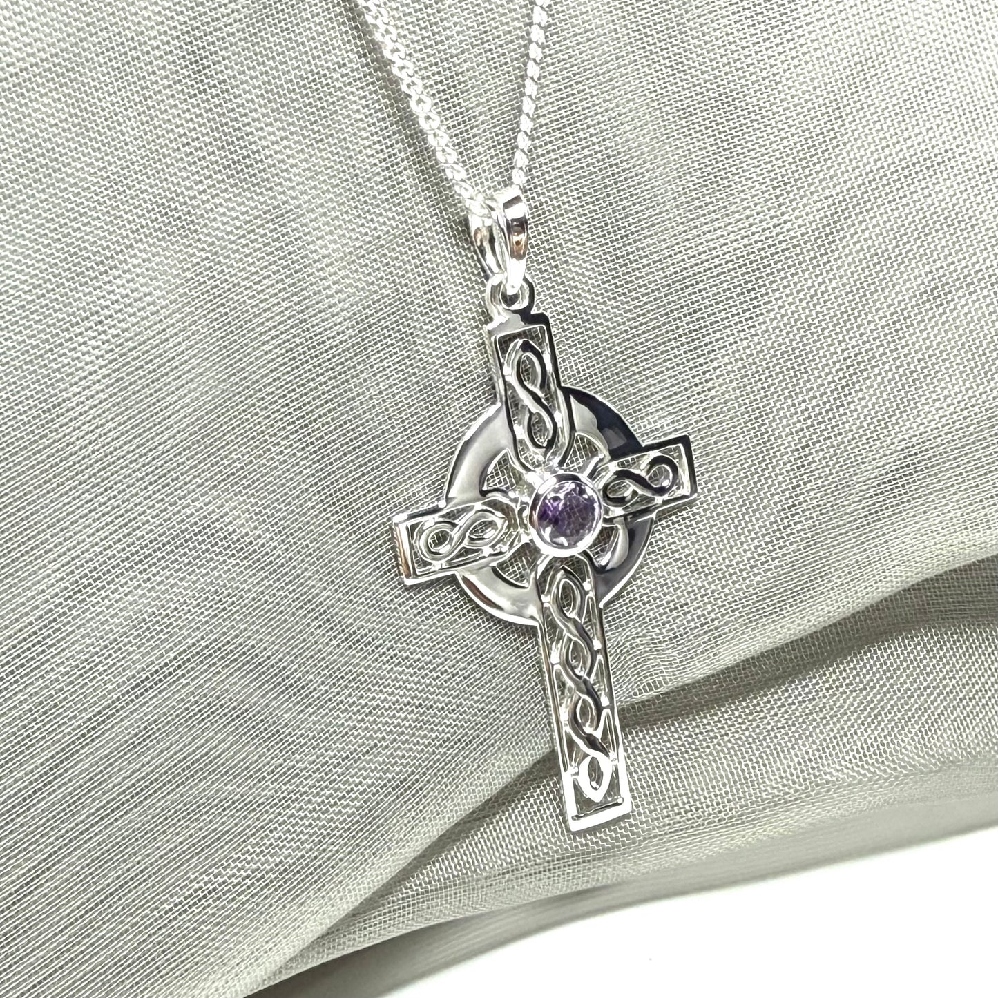 Large Sterling Silver Real Amethyst Celtic Cross Including Chain