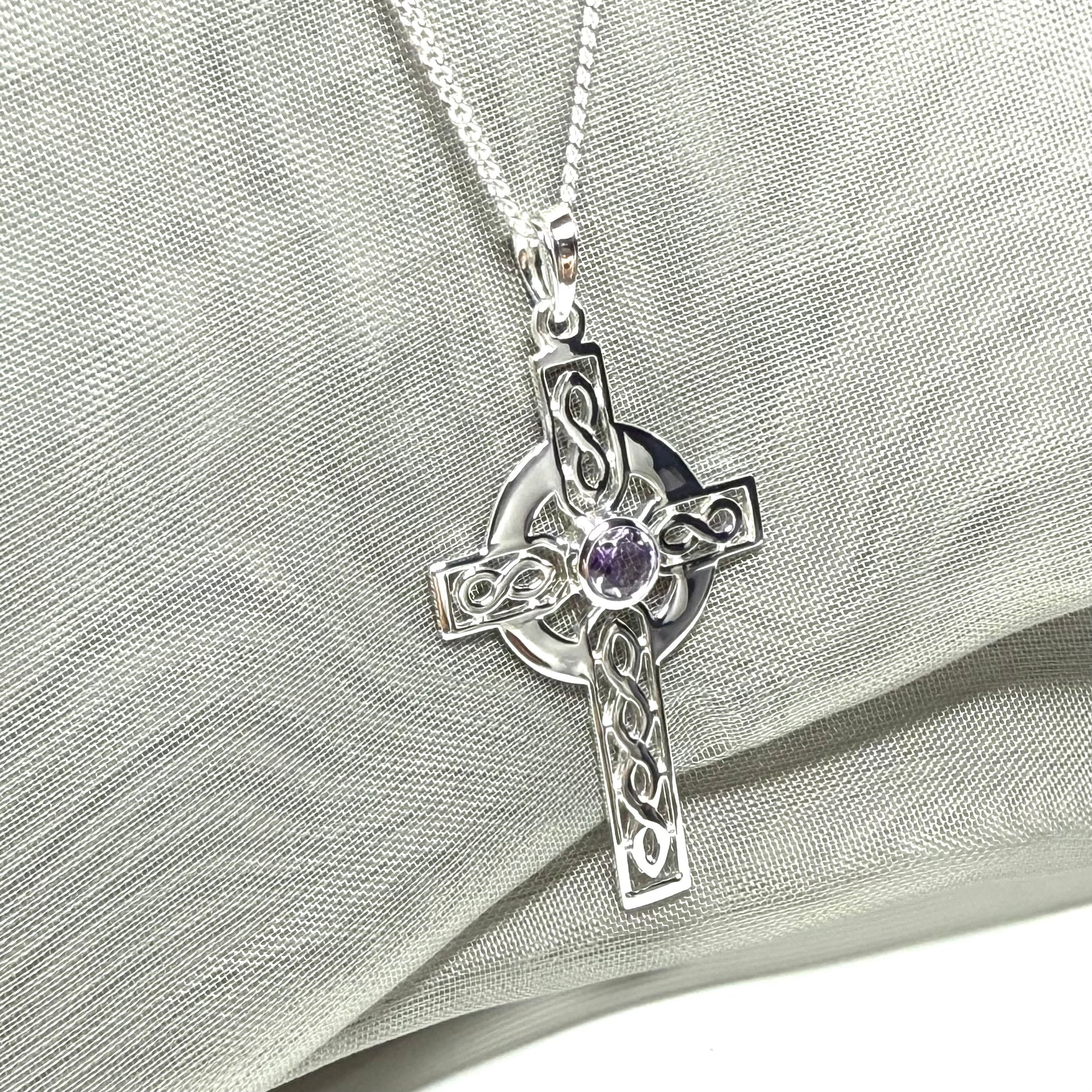 Large Sterling Silver Real Amethyst Celtic Cross Including Chain
