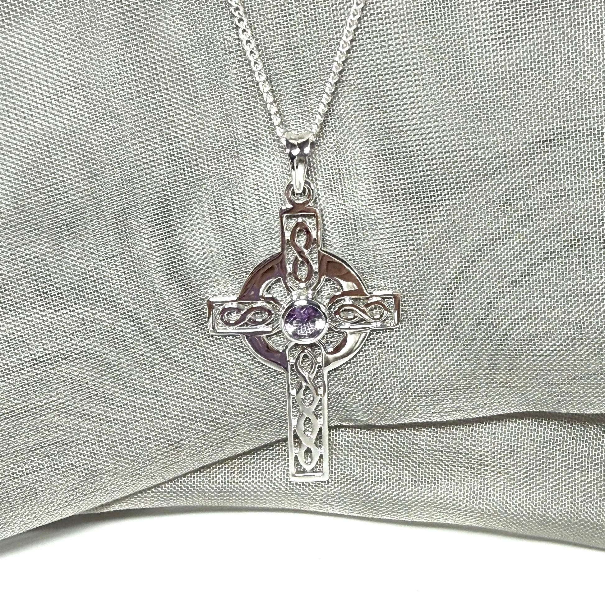 Large Sterling Silver Real Amethyst Celtic Cross Including Chain