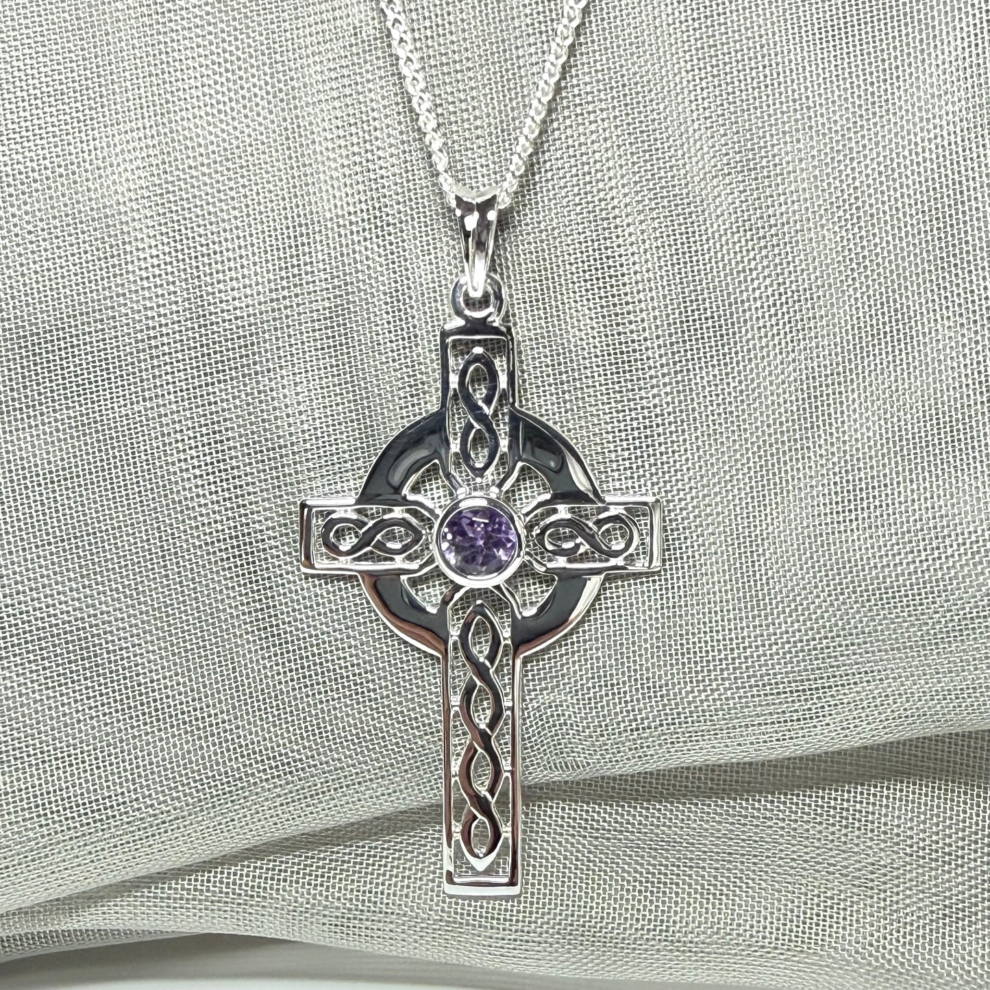 Large Sterling Silver Real Amethyst Celtic Cross Including Chain