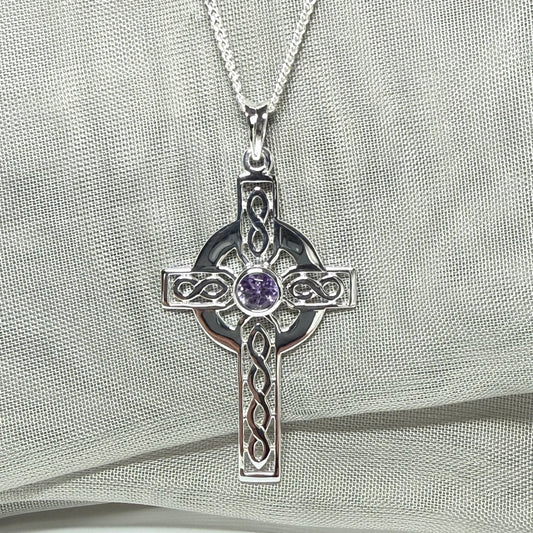 Large Sterling Silver Real Amethyst Celtic Cross Including Chain