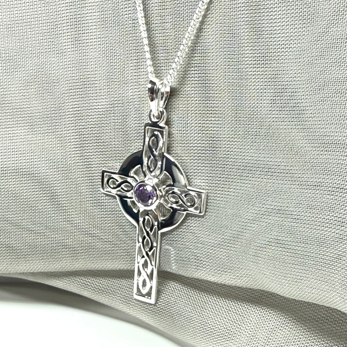 Large Sterling Silver Real Amethyst Celtic Cross Including Chain