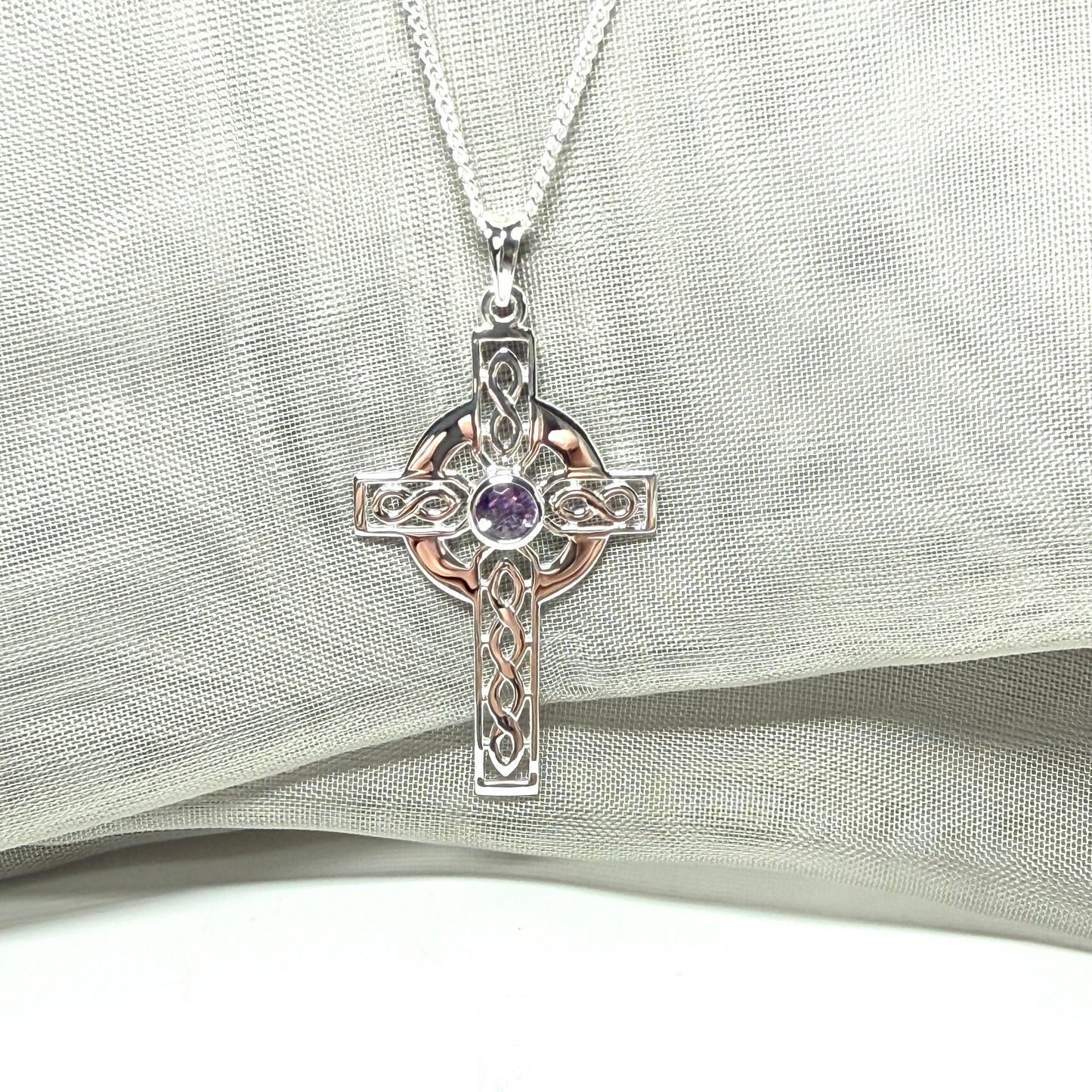 Large Sterling Silver Real Amethyst Celtic Cross Including Chain