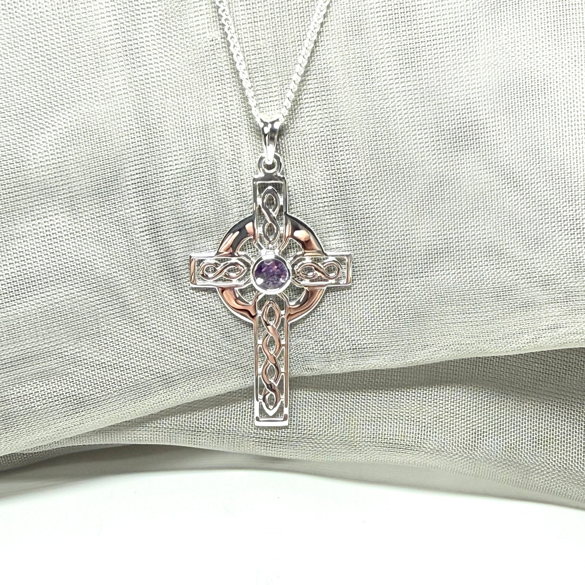 Large Sterling Silver Real Amethyst Celtic Cross Including Chain