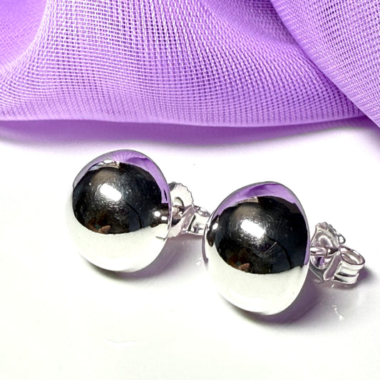 Large ball stud style earrings sterling silver, plain polished 12 mm