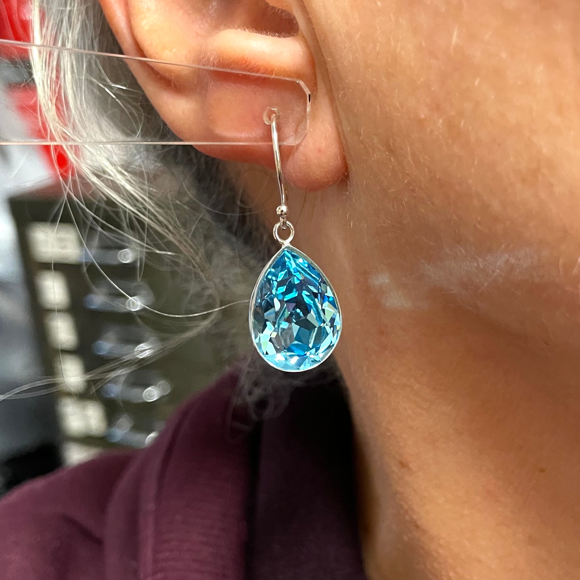 Large blue crystal pear teardrop earrings aqua colour