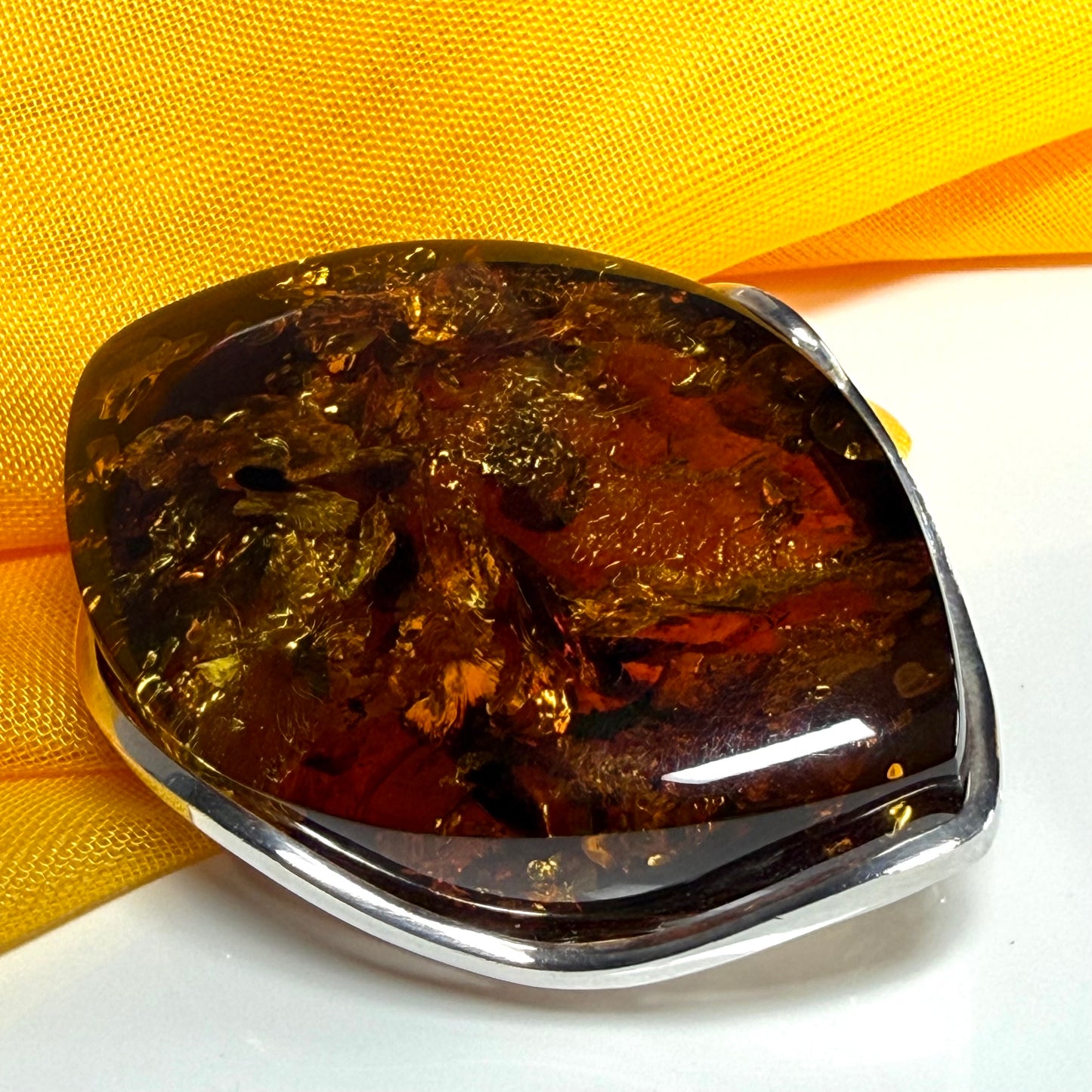 Large brooch real amber marquise shaped sterling silver