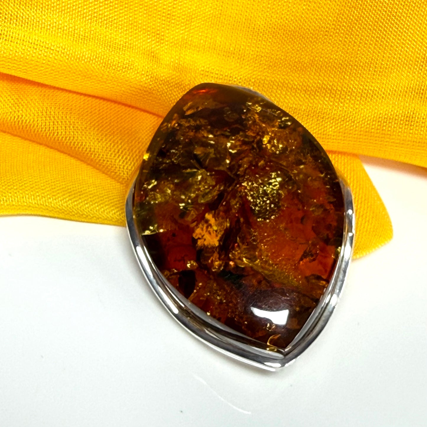 Large brooch real amber marquise shaped sterling silver