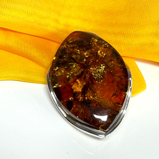 Large brooch real amber marquise shaped sterling silver
