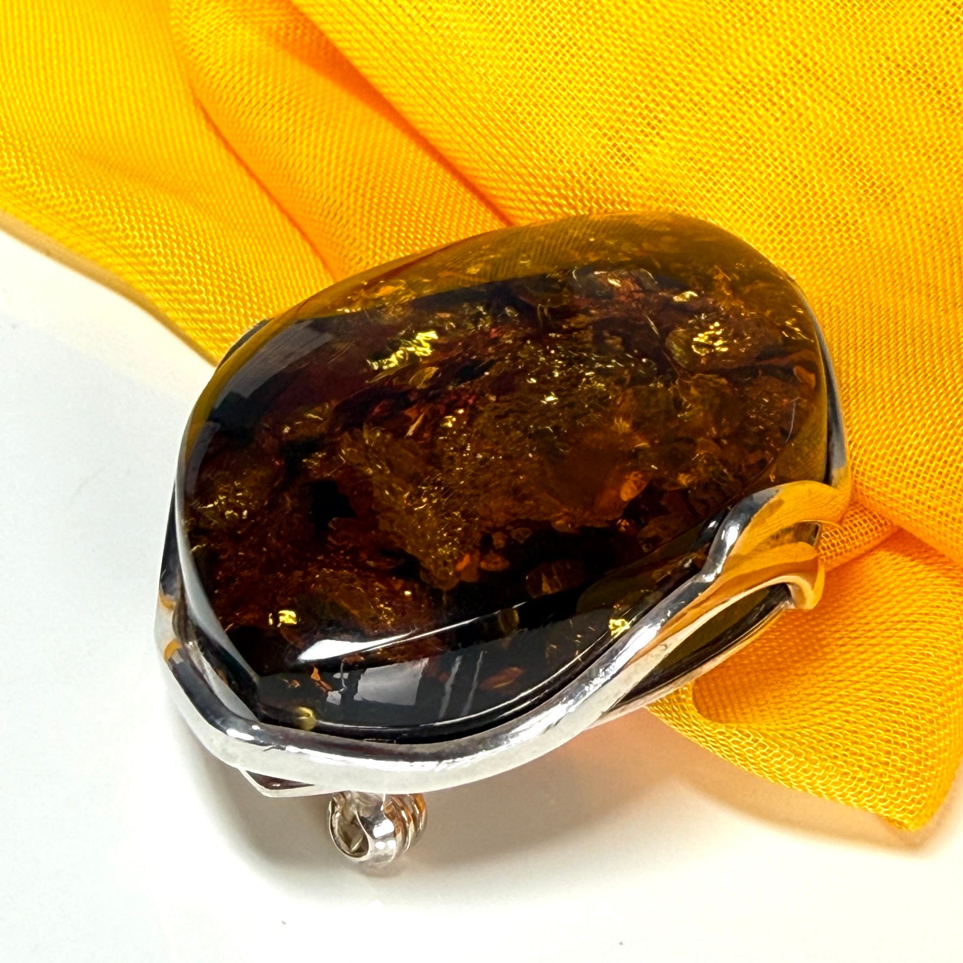 Large brooch real amber marquise shaped sterling silver