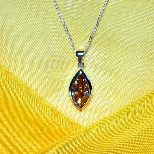 Large citrine coloured cubcic zirconia necklace pendant marquise smooth rub over setting with chain